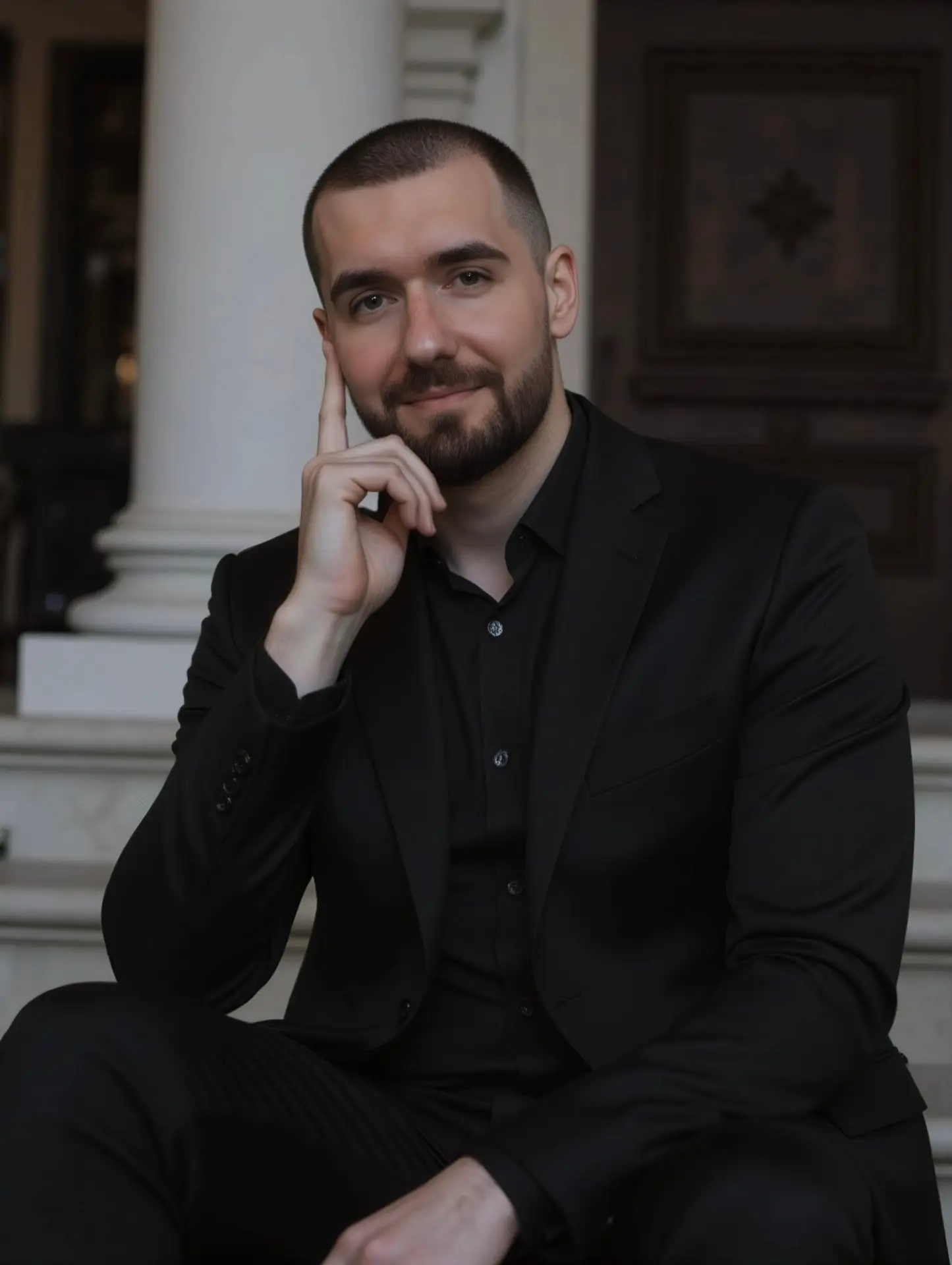 Man in a black suit seated confidently, symbolizing leadership, vision, and the founding principles of the Masculinitism movement.