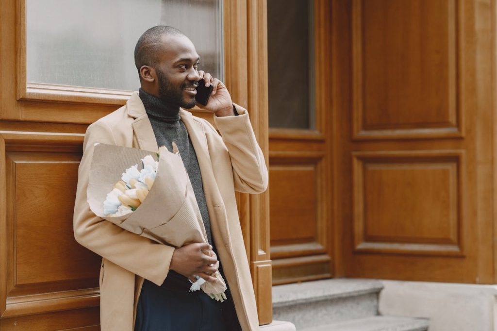 Man confidently walking toward a first date with flowers, representing a mindful and intentional approach to dating for men.