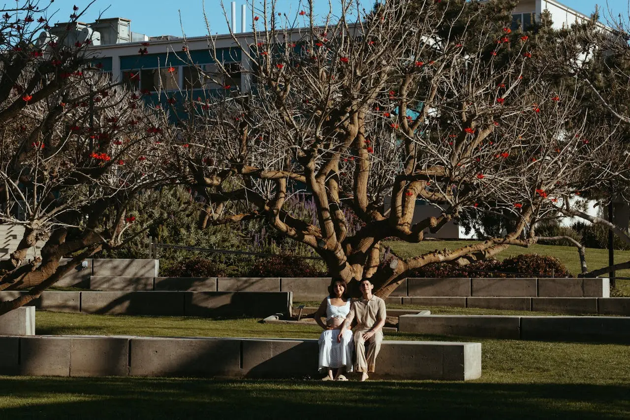 A couple seated beneath a wide, branching tree in a sunlit garden, symbolizing grounding, growth, and shared presence.