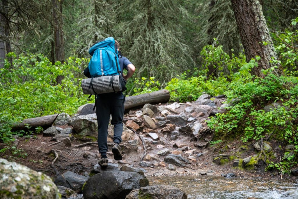 A man hiking alone through a forest trail, symbolizing choosing his own path and defining his own version of masculinity.