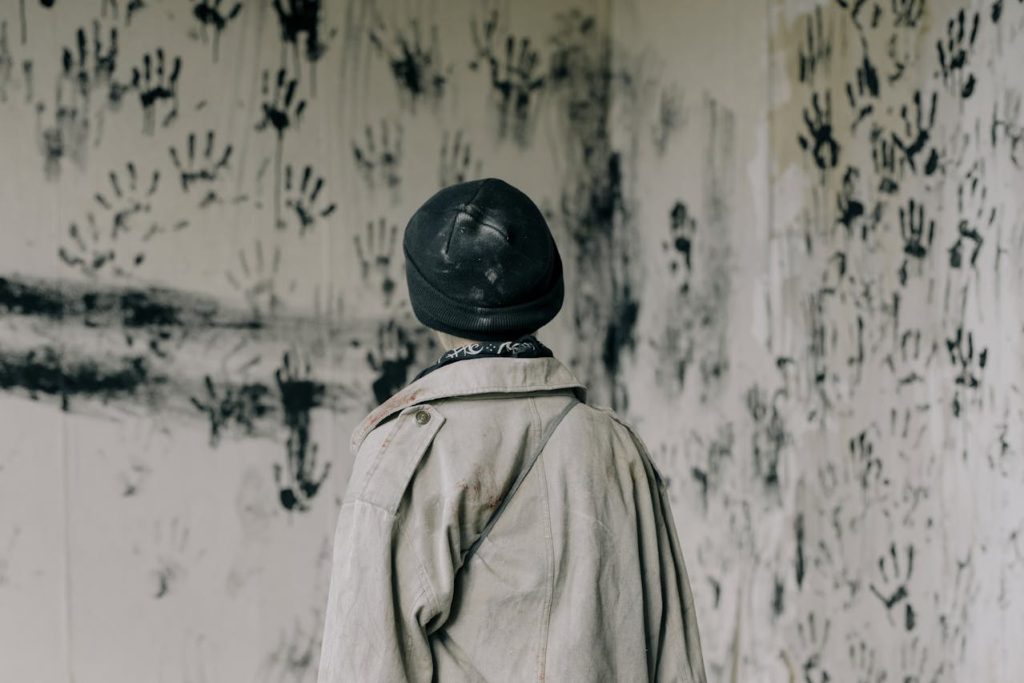 Person standing in a room covered with dark handprints, symbolizing confronting the lingering impact of childhood wounds while forgiving your father.