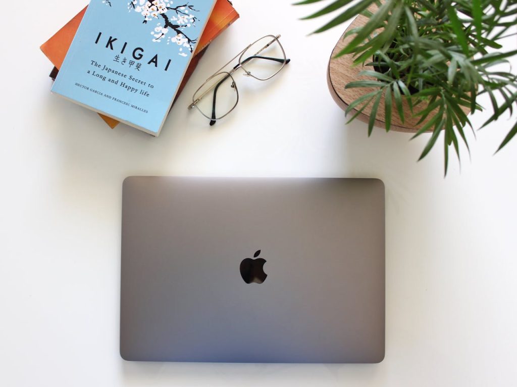 Workspace with laptop, book on ikigai, glasses, and plant, symbolizing reflection and finding purpose as a man through meaning and direction.